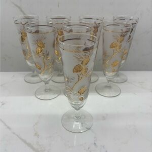 8 Vintage Libbey Glass Pilsner Glasses Gold Pinecones On Frosted Back Ground